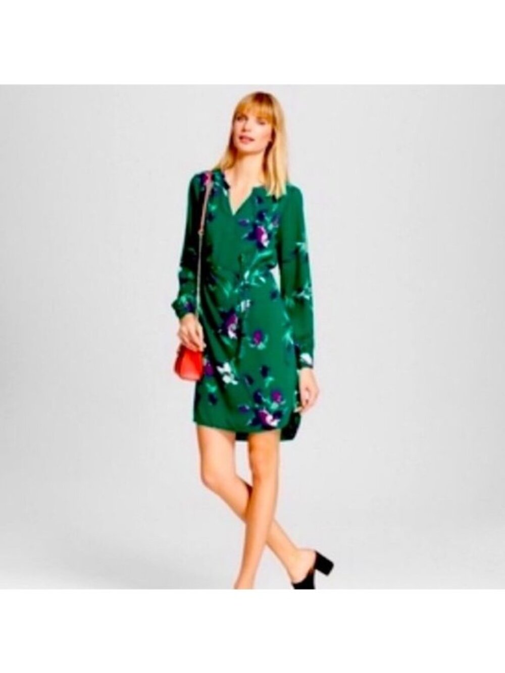 Merona Women's Extra Small Green Floral Split Neck Long Sleeve Sheath Dress